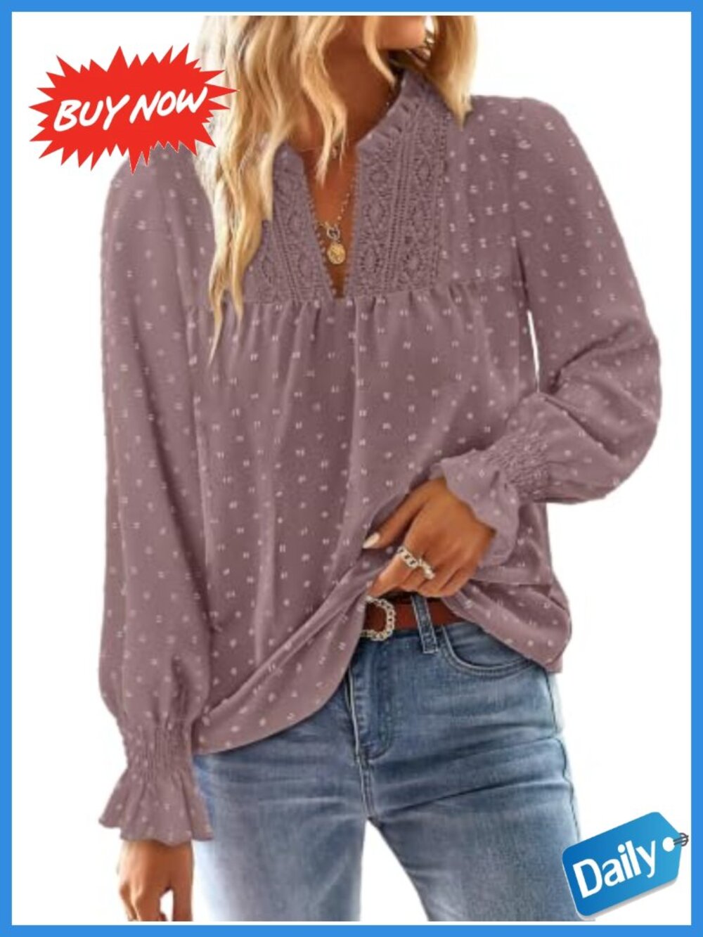 Women Boho V Neck Long Sleeve Swiss Dot Tunic Blouse